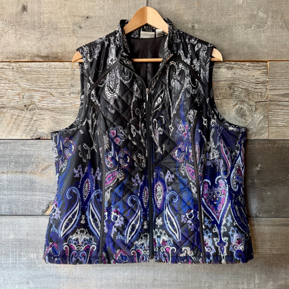 Chicos Zenergy Womens‎ Paisley Quilted Vest XL 3 Purple Full Zip Artsy Layering